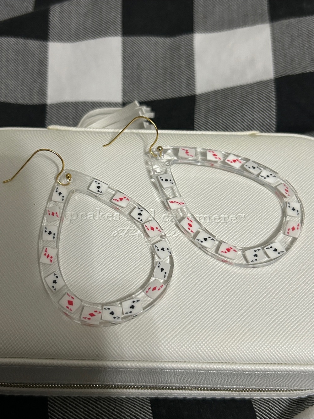 Clear Teardrop Playing Card Accent Earrings - White, Red & Black